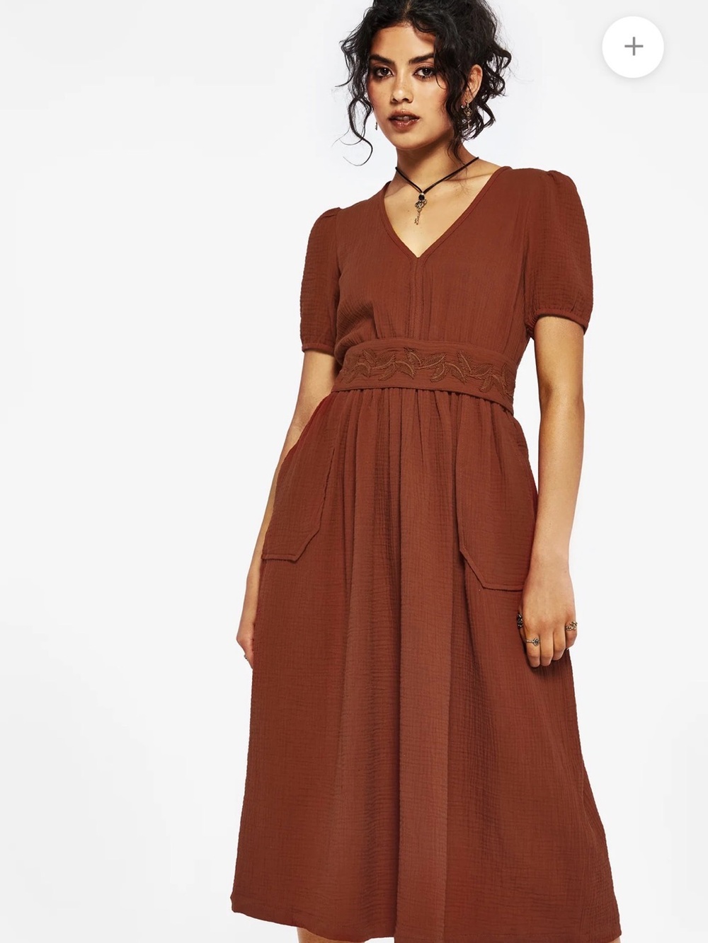 Disturbia Tiana Cotton Appliqué Rust Brown Midi Dress with Embroidered Waist